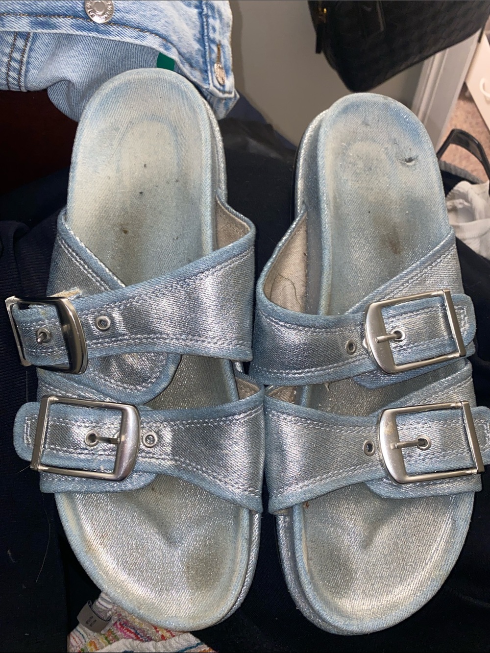 Zara Metallic Light Blue Double-Buckle Slide Sandals